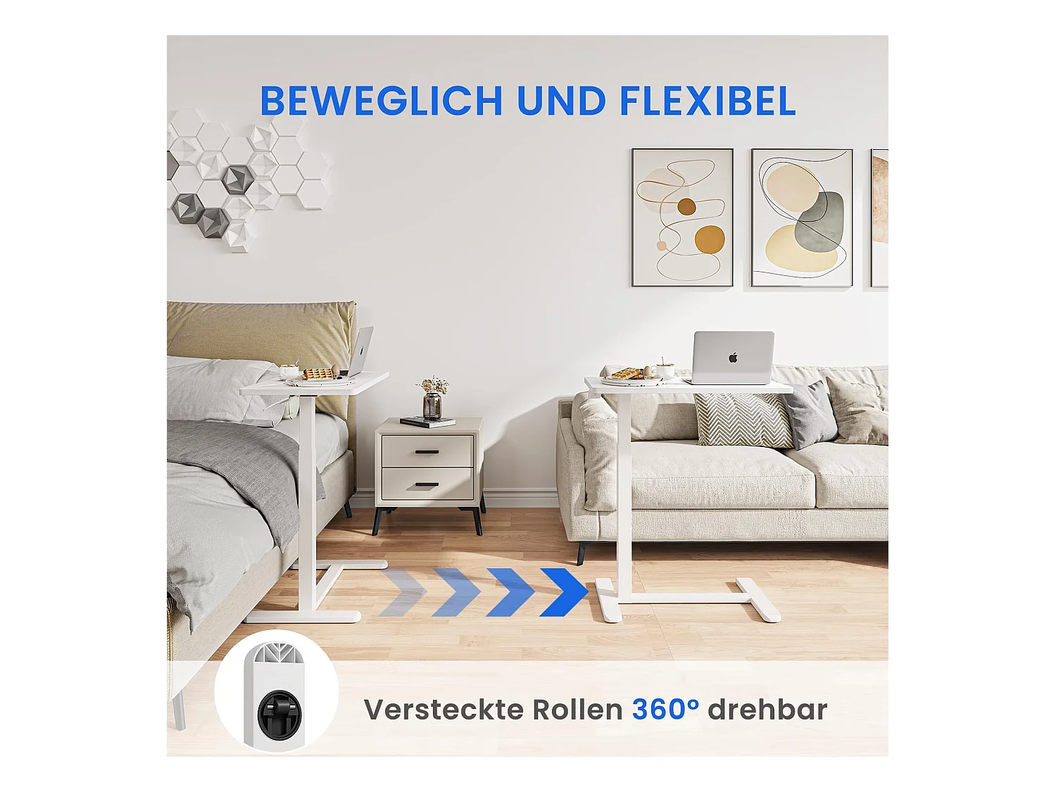 Table d’appoint réglable en hauteur avec roulettes, idéale comme table de soin pour lit, bureau mobile, table de chevet ou table de canapé pour salon