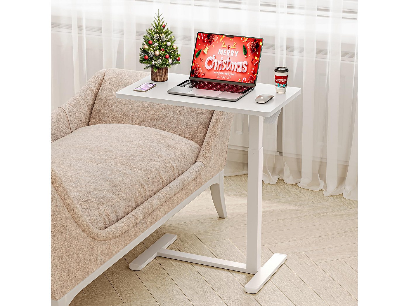 In hoogte verstelbare C-vormige bank bijzettafel met 360 ° draaibare lade en wielen, ideale snacktafel voor bank, woonkamer, slaapkamer, rustieke houten afwerking