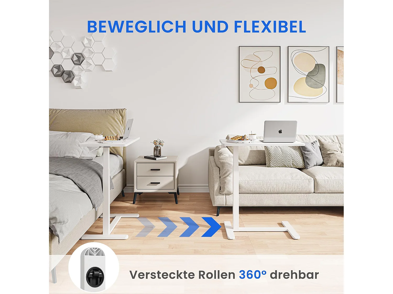 Table d’appoint réglable en hauteur avec roulettes, idéale comme table de soin pour lit, bureau mobile, table de chevet ou table de canapé pour salon