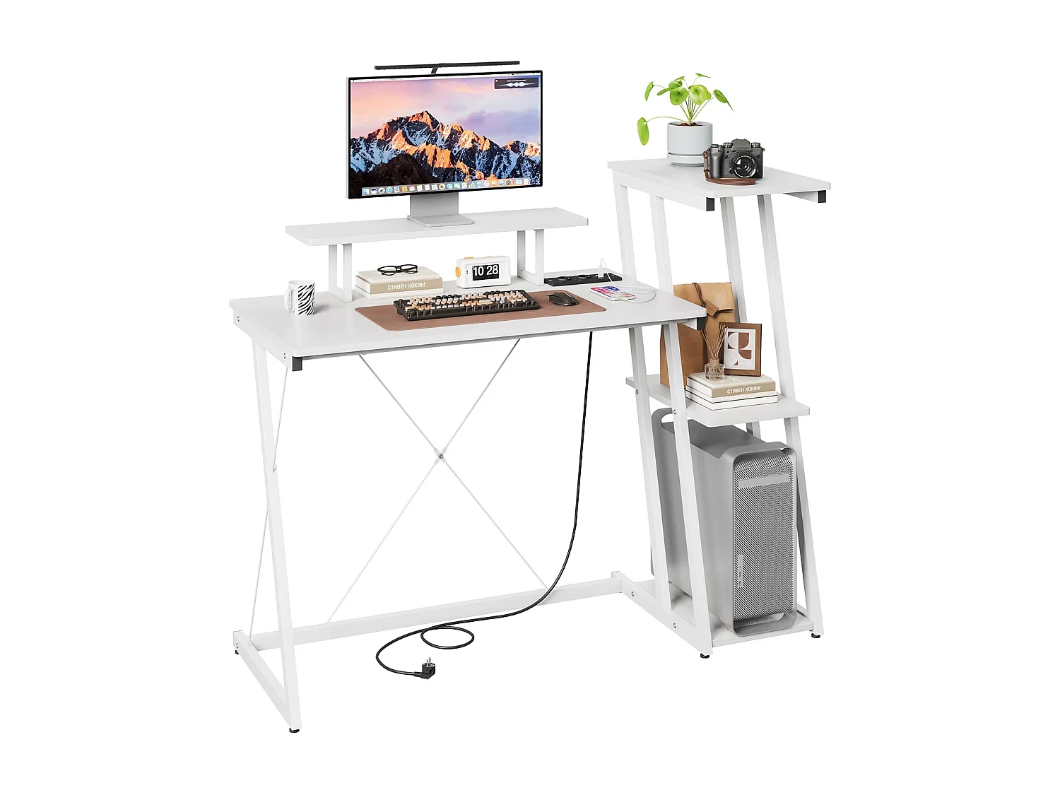 Bureau d'angle 120 cm avec étagère réversible, support d'écran, prise et ports USB, idéal pour maison ou bureau, usage jeu ou travail
