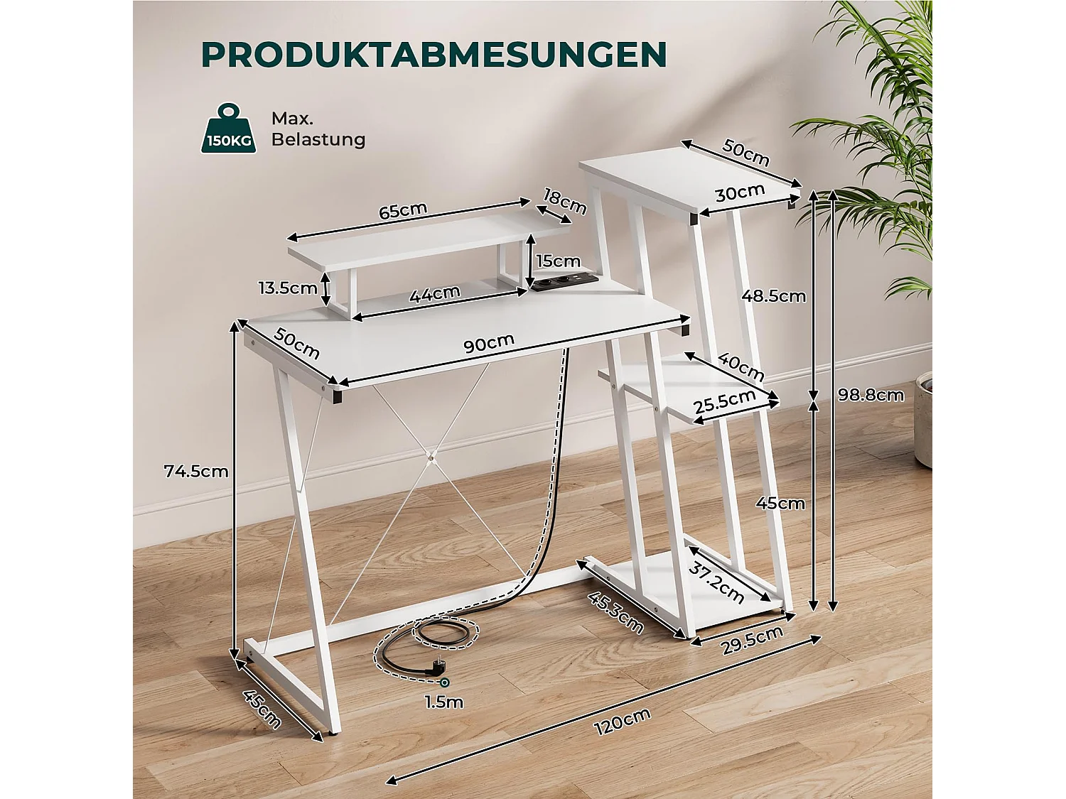 Bureau d'angle 120 cm avec étagère réversible, support d'écran, prise et ports USB, idéal pour maison ou bureau, usage jeu ou travail