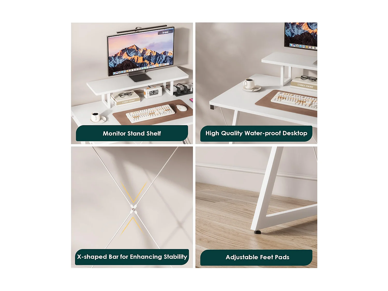 Bureau d'angle 120 cm avec étagère réversible, support d'écran, prise et ports USB, idéal pour maison ou bureau, usage jeu ou travail