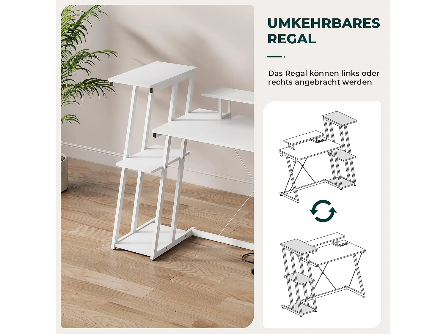 Bureau d'angle 120 cm avec étagère réversible, support d'écran, prise et ports USB, idéal pour maison ou bureau, usage jeu ou travail
