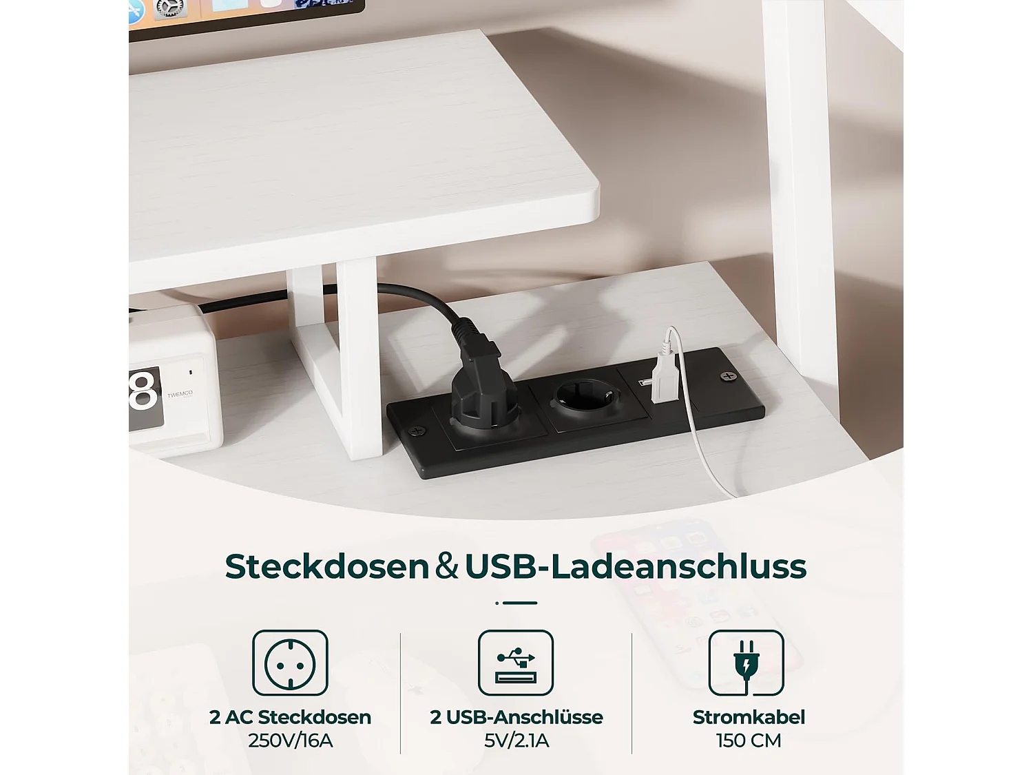 Bureau d'angle 120 cm avec étagère réversible, support d'écran, prise et ports USB, idéal pour maison ou bureau, usage jeu ou travail