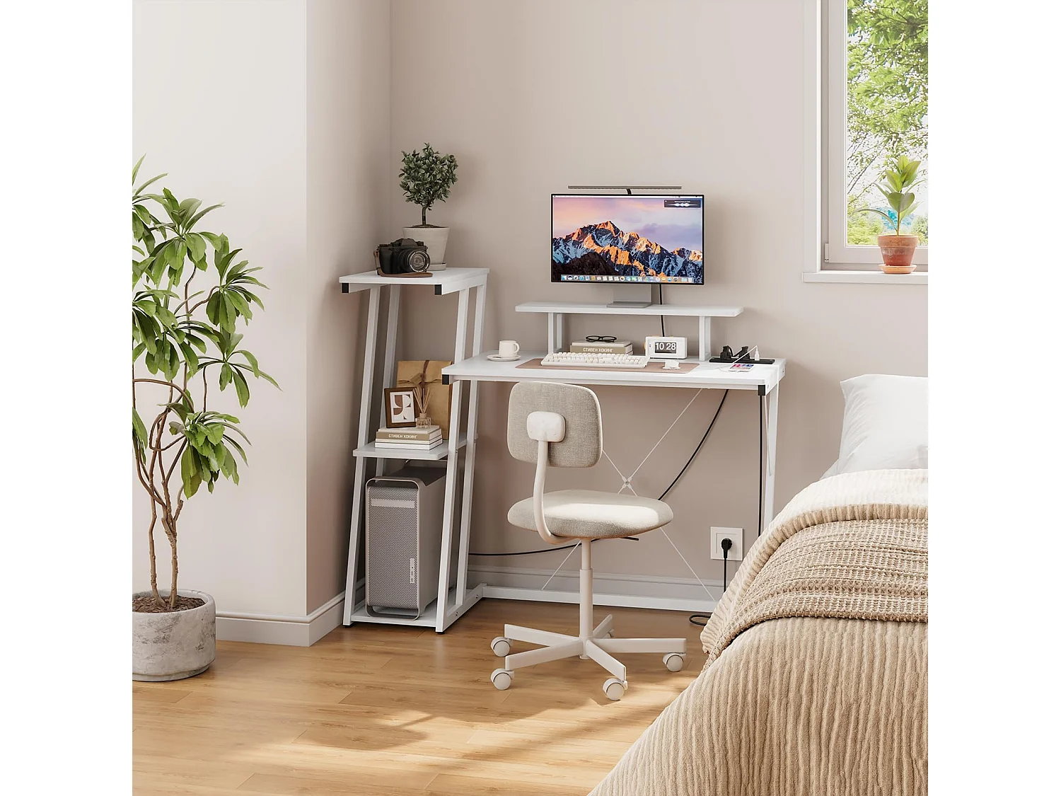 Bureau d'angle 120 cm avec étagère réversible, support d'écran, prise et ports USB, idéal pour maison ou bureau, usage jeu ou travail