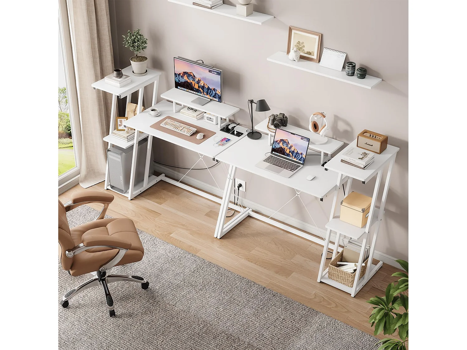 Bureau d'angle 120 cm avec étagère réversible, support d'écran, prise et ports USB, idéal pour maison ou bureau, usage jeu ou travail