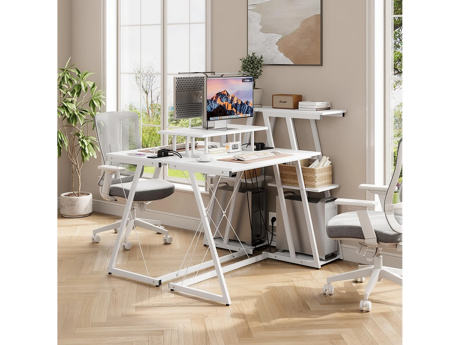 Bureau d'angle 120 cm avec étagère réversible, support d'écran, prise et ports USB, idéal pour maison ou bureau, usage jeu ou travail