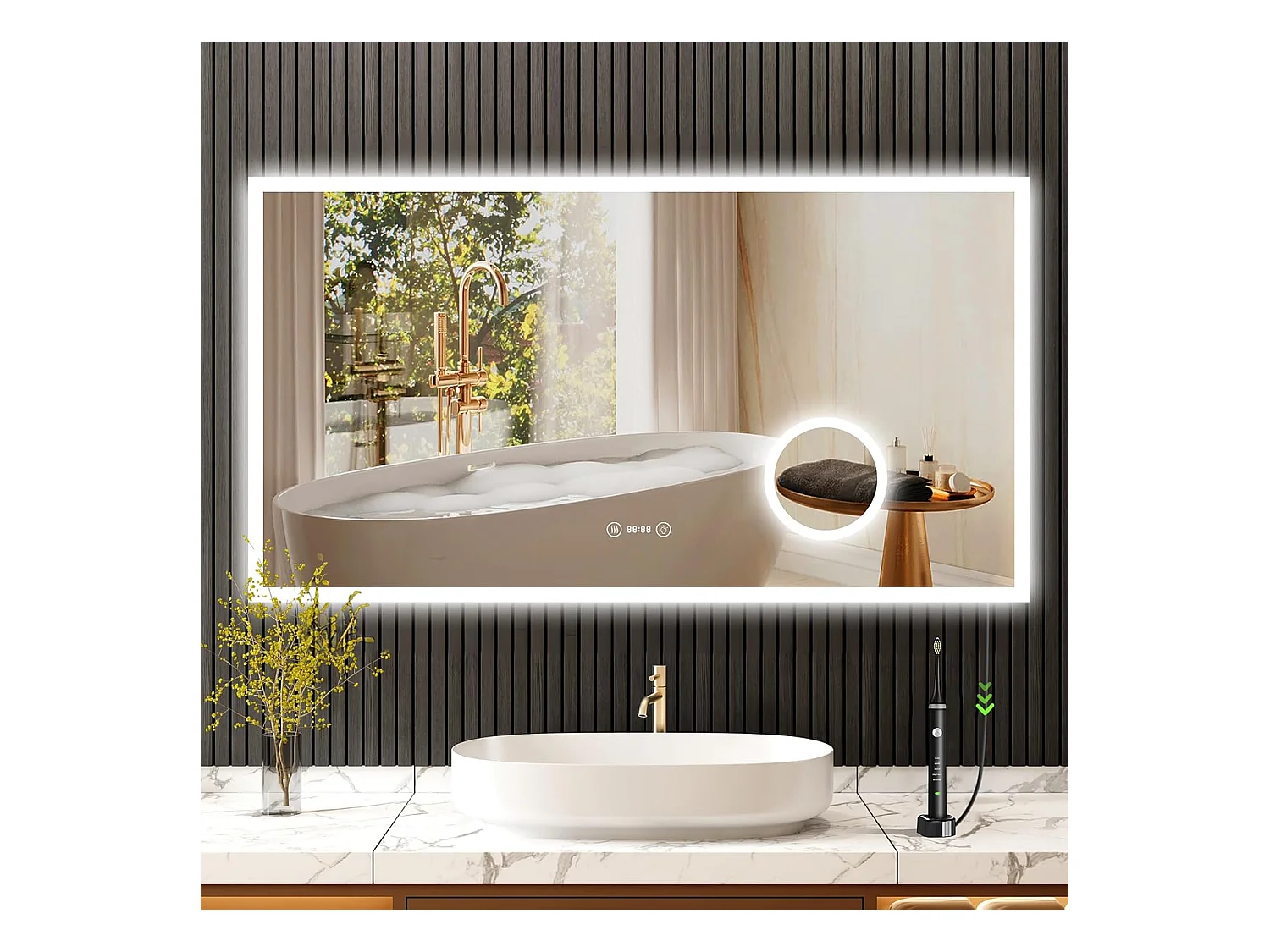 Miroir de Salle de Bain YOLEO avec Éclairage, Horloge, Thermomètre, Loupe 3x, Miroir Mural avec Prise, LED Anti-Buée, 3 Couleurs de Lumière Réglables, 100 x 60 cm