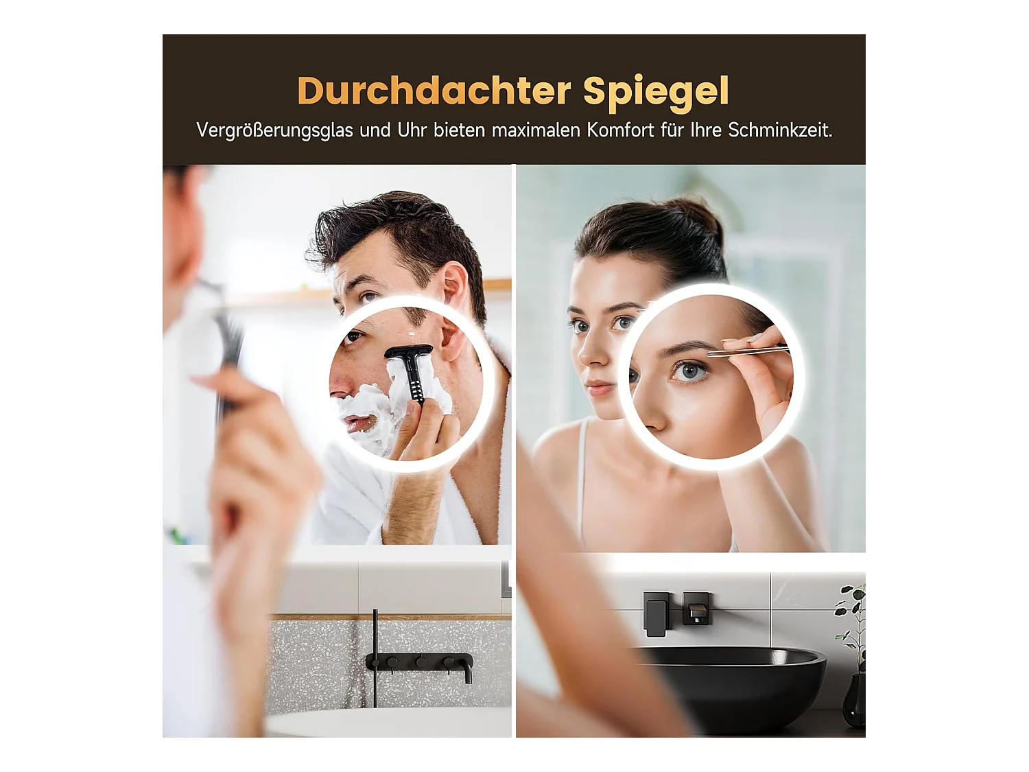 YOLEO Badkamerspiegel met Verlichting, Klok, Temperatuur, 3x Vergroting, Wandspiegel met Stopcontact, LED Anti-Beslagen, 3 Instelbare Lichtkleuren, 100 x 60 cm