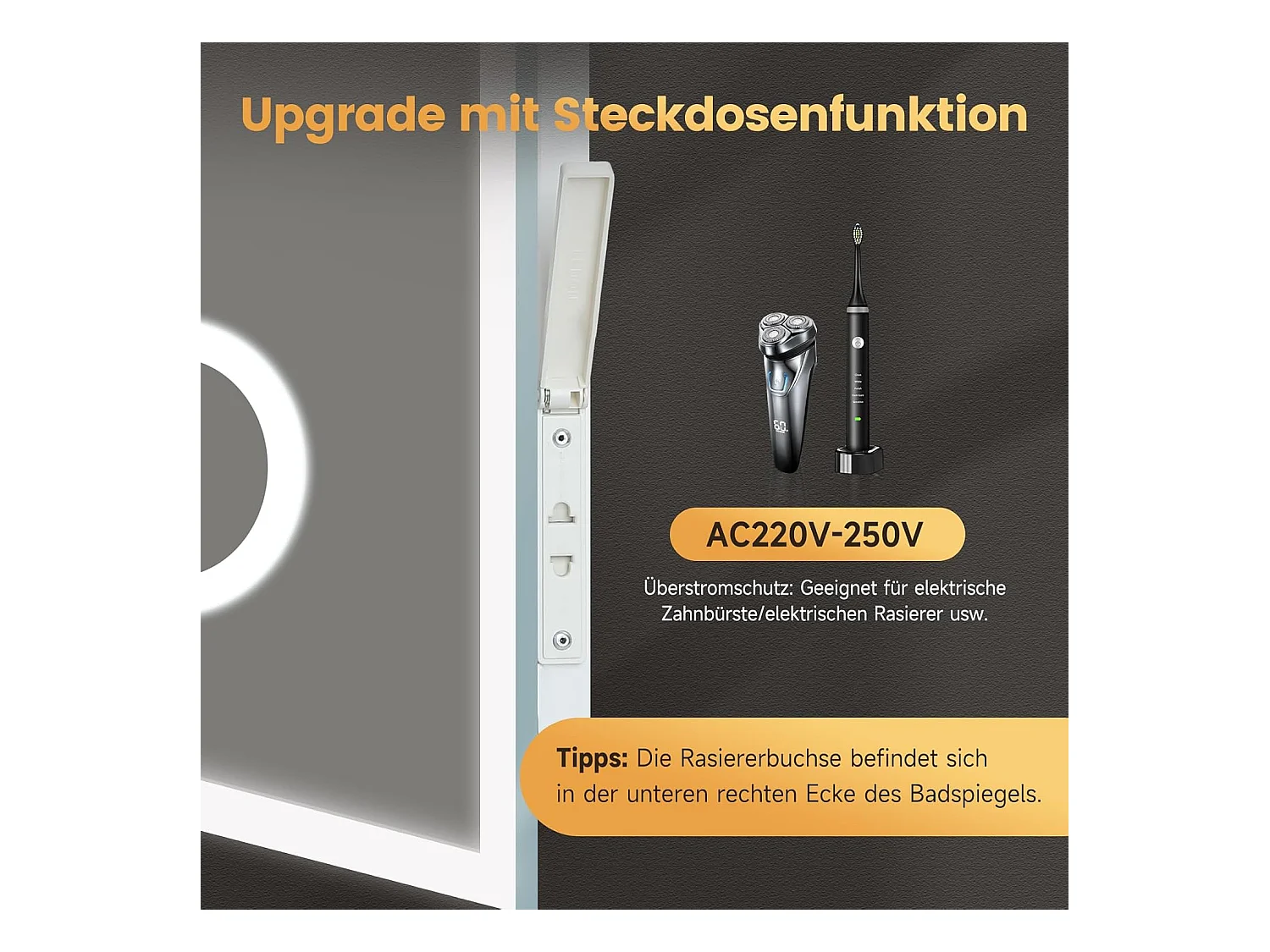 YOLEO Badkamerspiegel met Verlichting, Klok, Temperatuur, 3x Vergroting, Wandspiegel met Stopcontact, LED Anti-Beslagen, 3 Instelbare Lichtkleuren, 100 x 60 cm