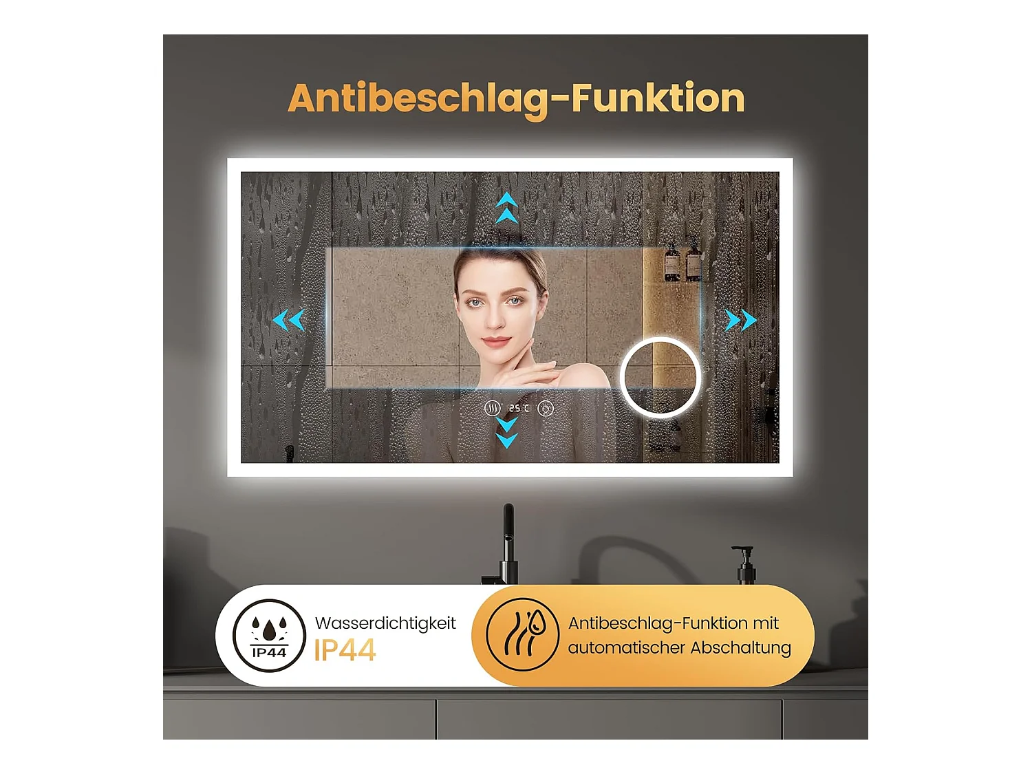 YOLEO Badkamerspiegel met Verlichting, Klok, Temperatuur, 3x Vergroting, Wandspiegel met Stopcontact, LED Anti-Beslagen, 3 Instelbare Lichtkleuren, 100 x 60 cm
