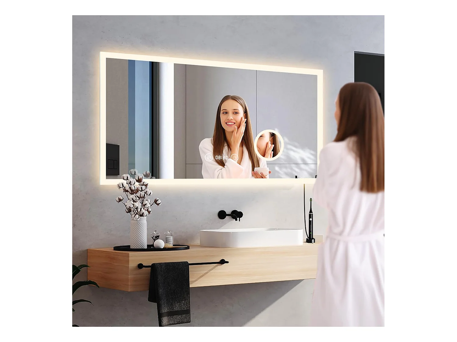 YOLEO Badkamerspiegel met Verlichting, Klok, Temperatuur, 3x Vergroting, Wandspiegel met Stopcontact, LED Anti-Beslagen, 3 Instelbare Lichtkleuren, 100 x 60 cm