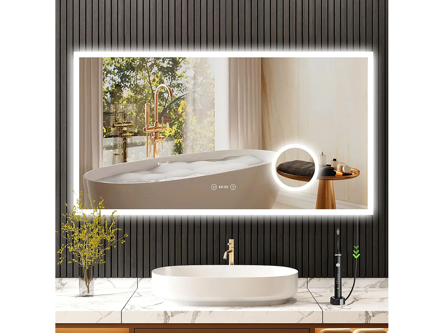 Miroir de Salle de Bain YOLEO avec Éclairage, Horloge, Thermomètre, Loupe 3x, Miroir Mural avec Prise, LED Anti-Buée, 3 Couleurs de Lumière Réglables, 100 x 60 cm
