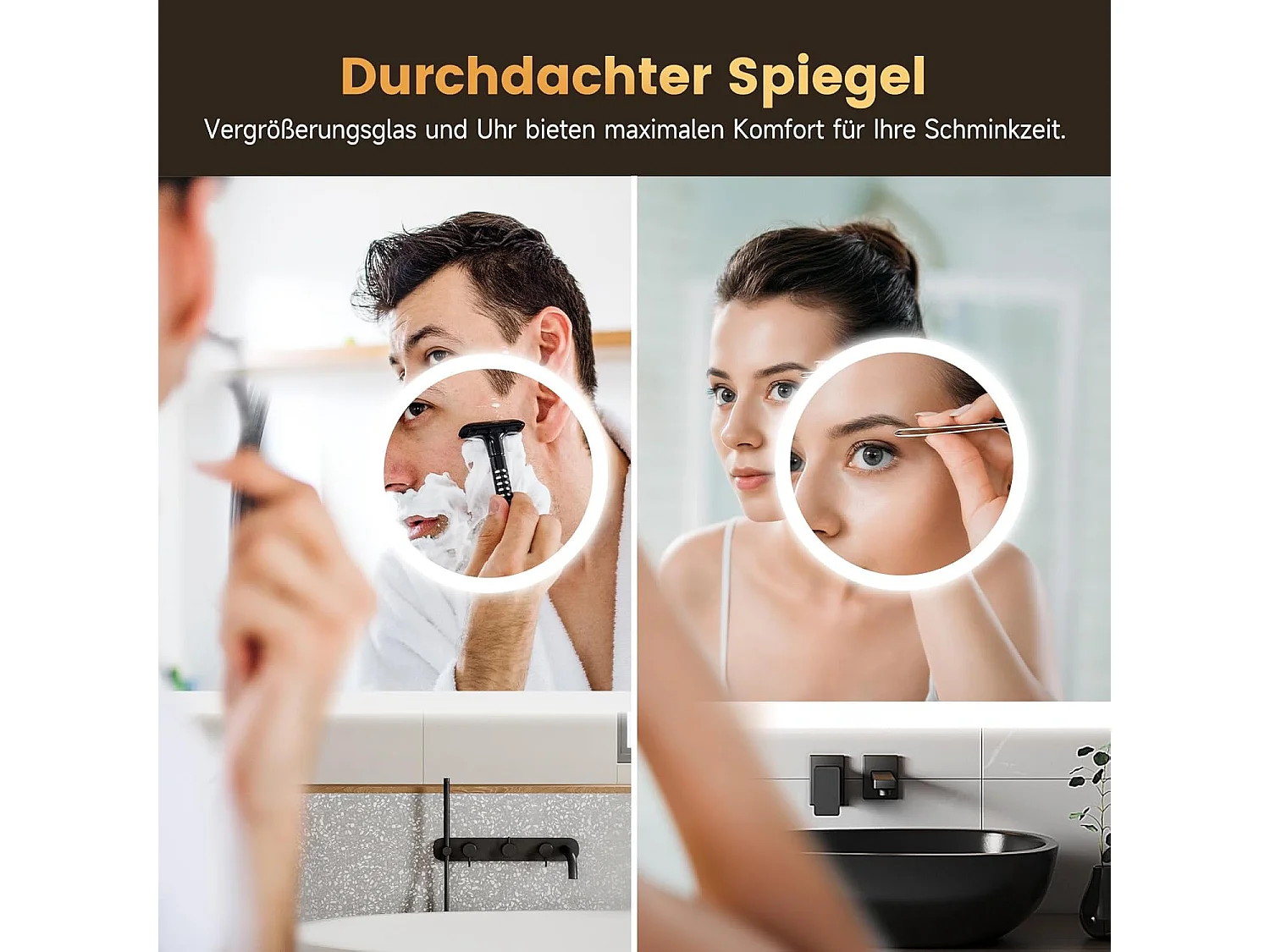 Miroir de Salle de Bain YOLEO avec Éclairage, Horloge, Thermomètre, Loupe 3x, Miroir Mural avec Prise, LED Anti-Buée, 3 Couleurs de Lumière Réglables, 100 x 60 cm