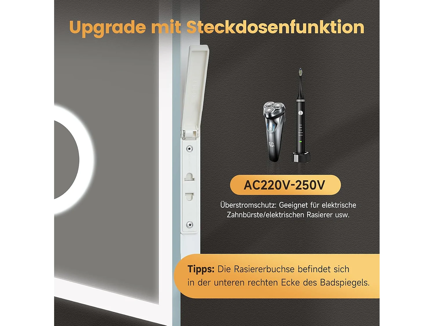 Miroir de Salle de Bain YOLEO avec Éclairage, Horloge, Thermomètre, Loupe 3x, Miroir Mural avec Prise, LED Anti-Buée, 3 Couleurs de Lumière Réglables, 100 x 60 cm