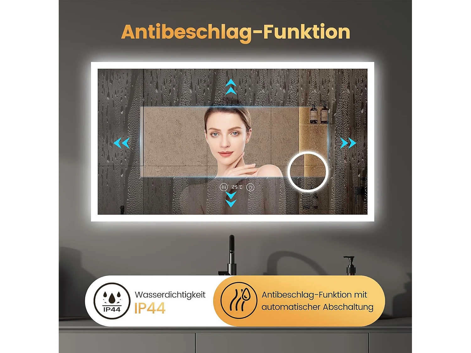 Miroir de Salle de Bain YOLEO avec Éclairage, Horloge, Thermomètre, Loupe 3x, Miroir Mural avec Prise, LED Anti-Buée, 3 Couleurs de Lumière Réglables, 100 x 60 cm