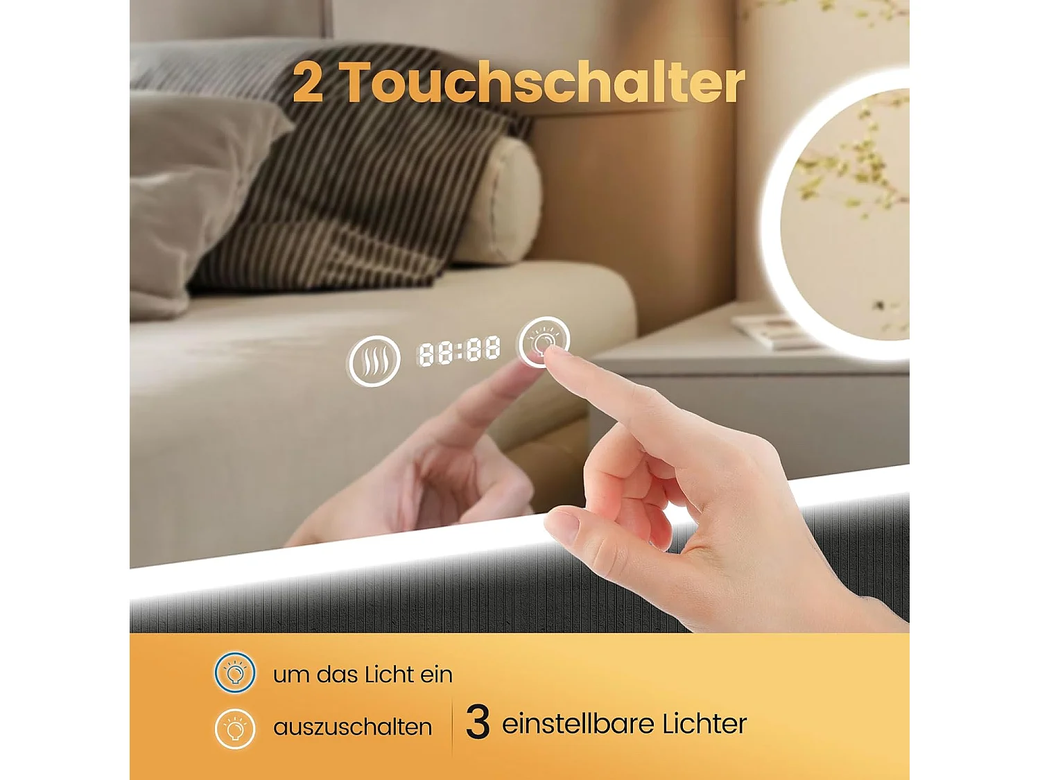 Miroir de Salle de Bain YOLEO avec Éclairage, Horloge, Thermomètre, Loupe 3x, Miroir Mural avec Prise, LED Anti-Buée, 3 Couleurs de Lumière Réglables, 100 x 60 cm