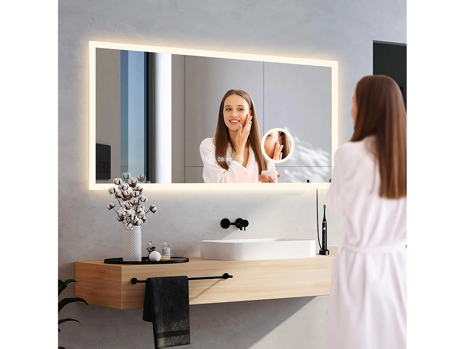 Miroir de Salle de Bain YOLEO avec Éclairage, Horloge, Thermomètre, Loupe 3x, Miroir Mural avec Prise, LED Anti-Buée, 3 Couleurs de Lumière Réglables, 100 x 60 cm
