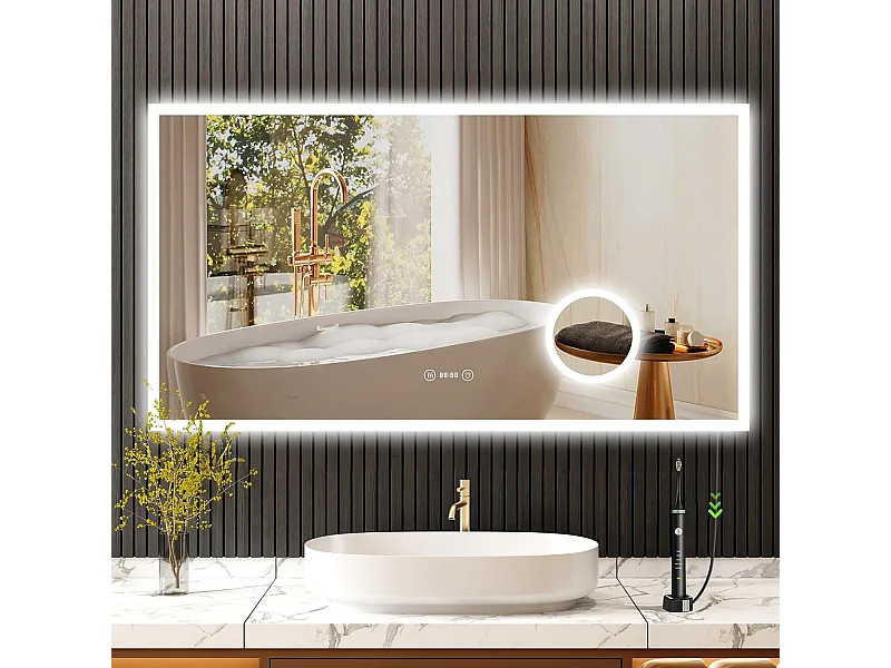 Miroir de Salle de Bain YOLEO avec Éclairage, Horloge, Thermomètre, Loupe 3x, Miroir Mural avec Prise, LED Anti-Buée, 3 Couleurs de Lumière Réglables, 100 x 60 cm