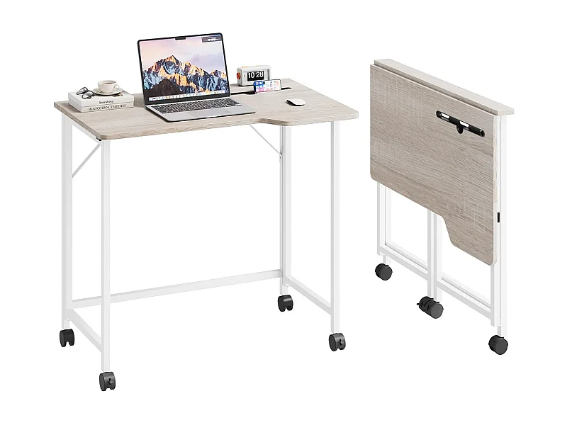 Bureau pliant en chêne 80x52x74,5 cm avec roulettes et fente, idéal comme petit bureau informatique pour la maison, l’étude ou l’extérieur