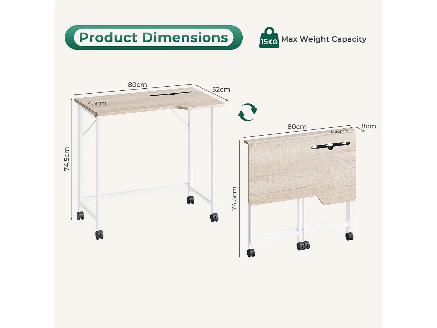 Bureau pliant en chêne 80x52x74,5 cm avec roulettes et fente, idéal comme petit bureau informatique pour la maison, l’étude ou l’extérieur