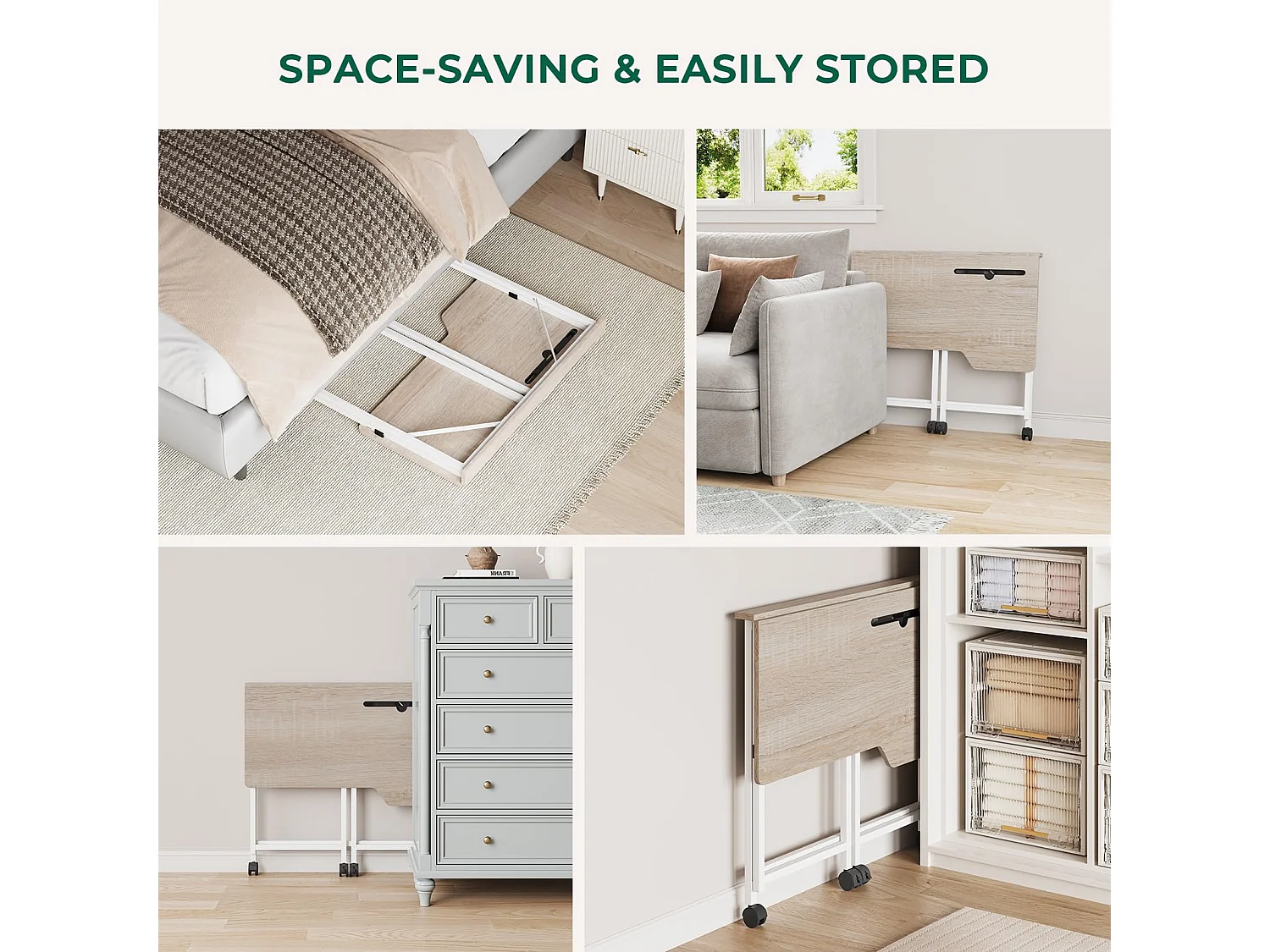 Bureau pliant en chêne 80x52x74,5 cm avec roulettes et fente, idéal comme petit bureau informatique pour la maison, l’étude ou l’extérieur