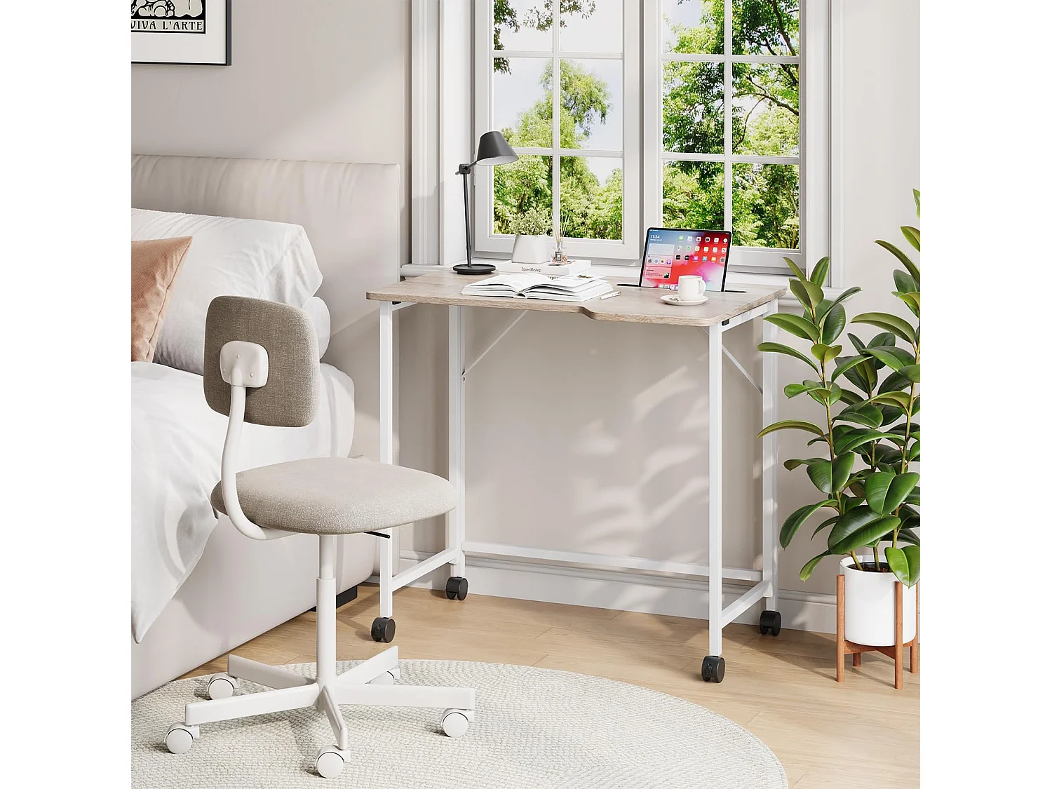 Bureau pliant en chêne 80x52x74,5 cm avec roulettes et fente, idéal comme petit bureau informatique pour la maison, l’étude ou l’extérieur