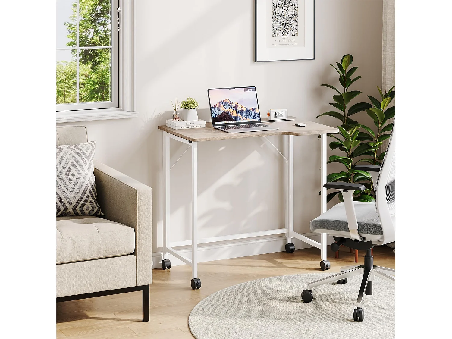 Bureau pliant en chêne 80x52x74,5 cm avec roulettes et fente, idéal comme petit bureau informatique pour la maison, l’étude ou l’extérieur