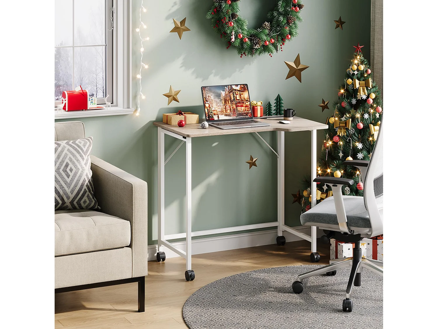 Bureau pliant en chêne 80x52x74,5 cm avec roulettes et fente, idéal comme petit bureau informatique pour la maison, l’étude ou l’extérieur