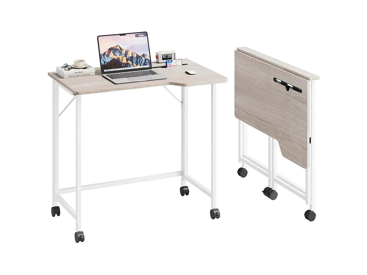 Bureau pliant en chêne 80x52x74,5 cm avec roulettes et fente, idéal comme petit bureau informatique pour la maison, l’étude ou l’extérieur