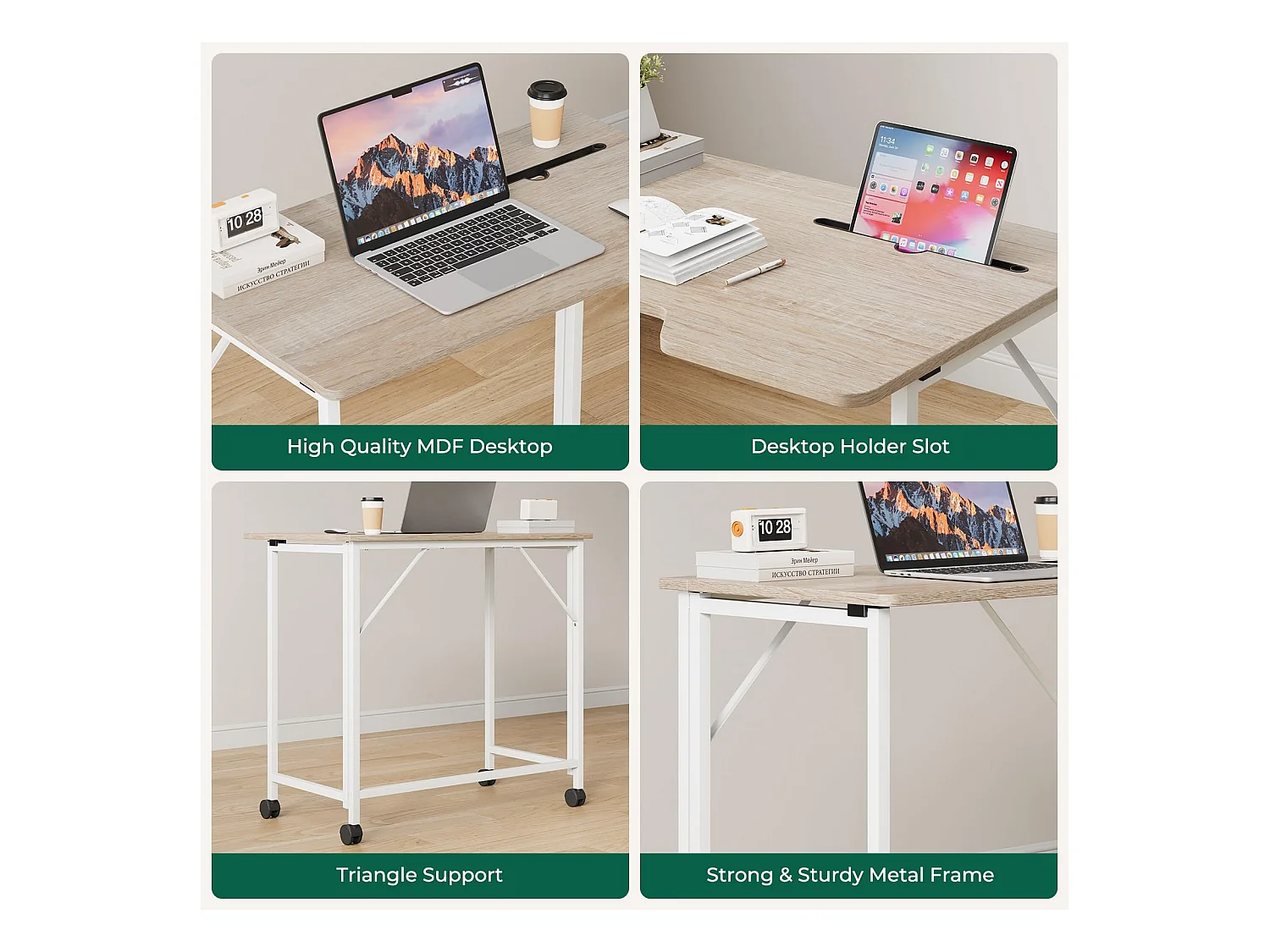 Bureau pliant en chêne 80x52x74,5 cm avec roulettes et fente, idéal comme petit bureau informatique pour la maison, l’étude ou l’extérieur