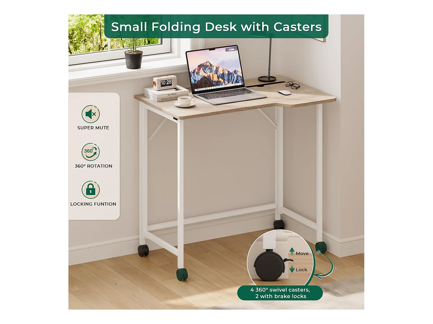 Bureau pliant en chêne 80x52x74,5 cm avec roulettes et fente, idéal comme petit bureau informatique pour la maison, l’étude ou l’extérieur