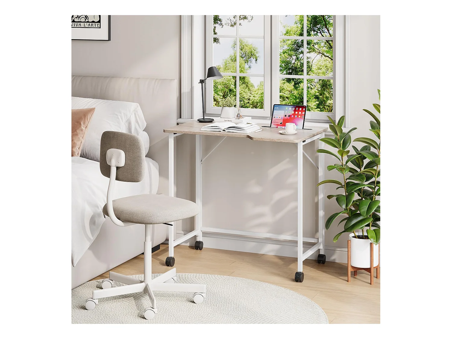 Bureau pliant en chêne 80x52x74,5 cm avec roulettes et fente, idéal comme petit bureau informatique pour la maison, l’étude ou l’extérieur