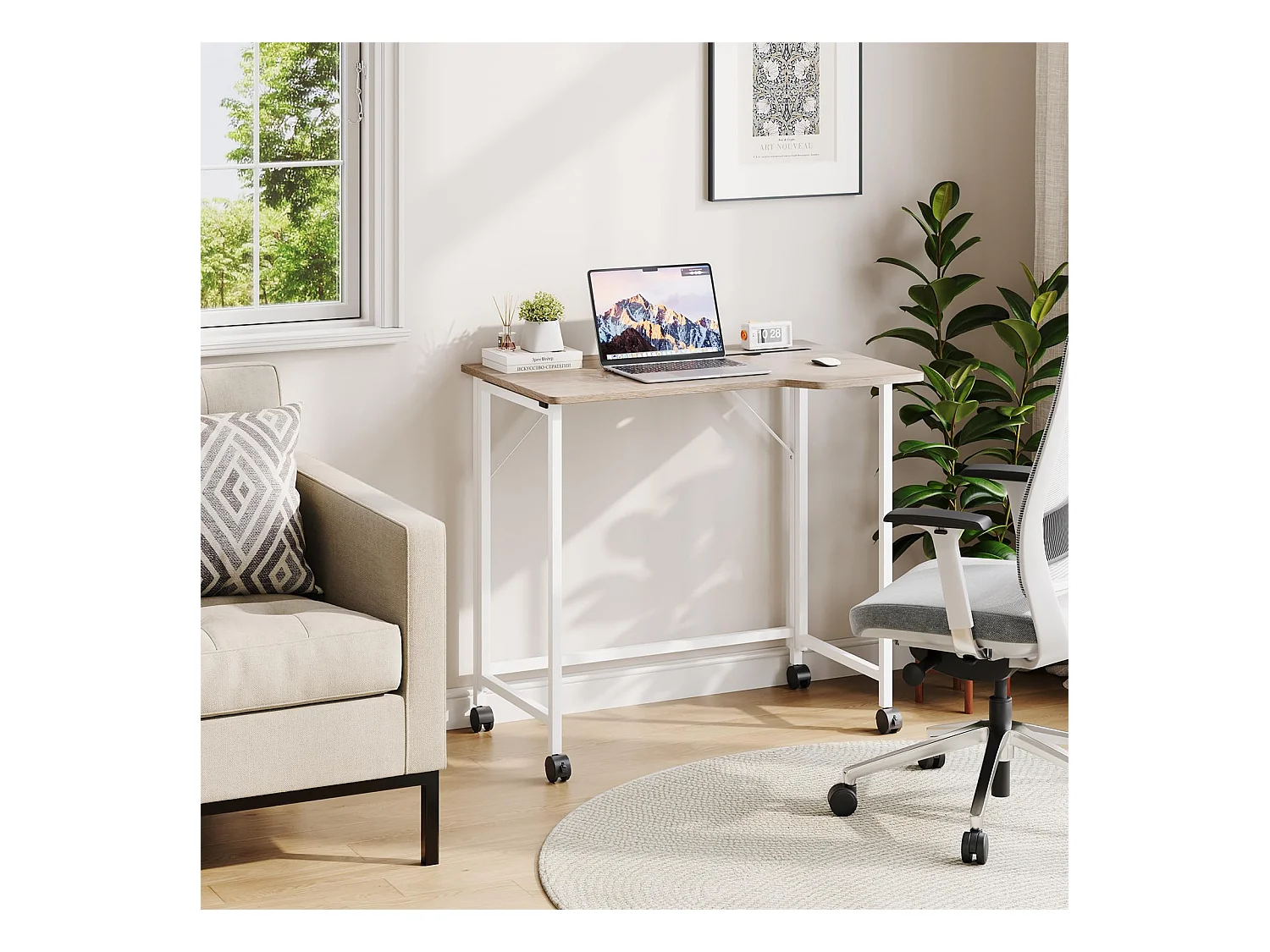 Bureau pliant en chêne 80x52x74,5 cm avec roulettes et fente, idéal comme petit bureau informatique pour la maison, l’étude ou l’extérieur