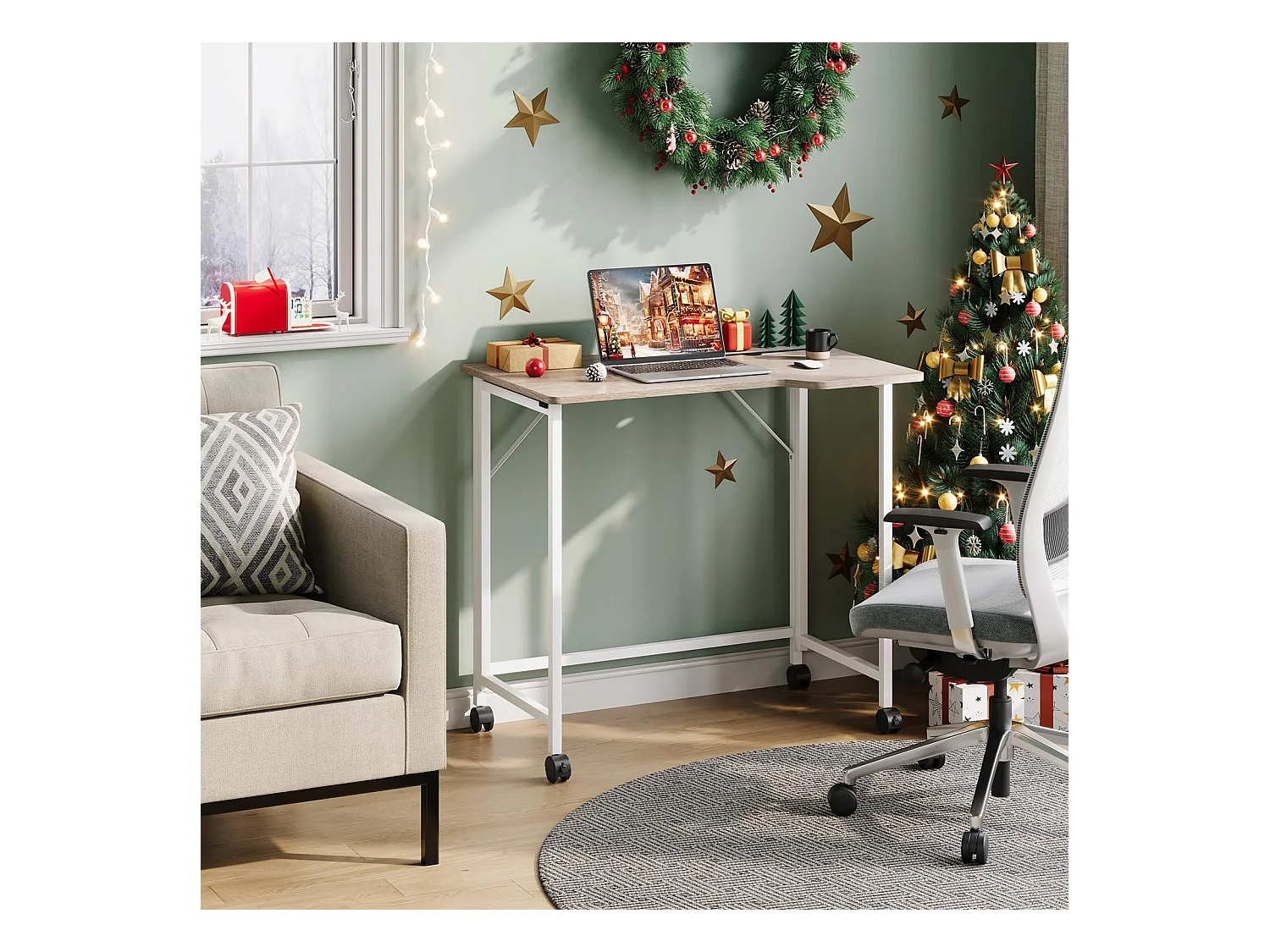 Bureau pliant en chêne 80x52x74,5 cm avec roulettes et fente, idéal comme petit bureau informatique pour la maison, l’étude ou l’extérieur