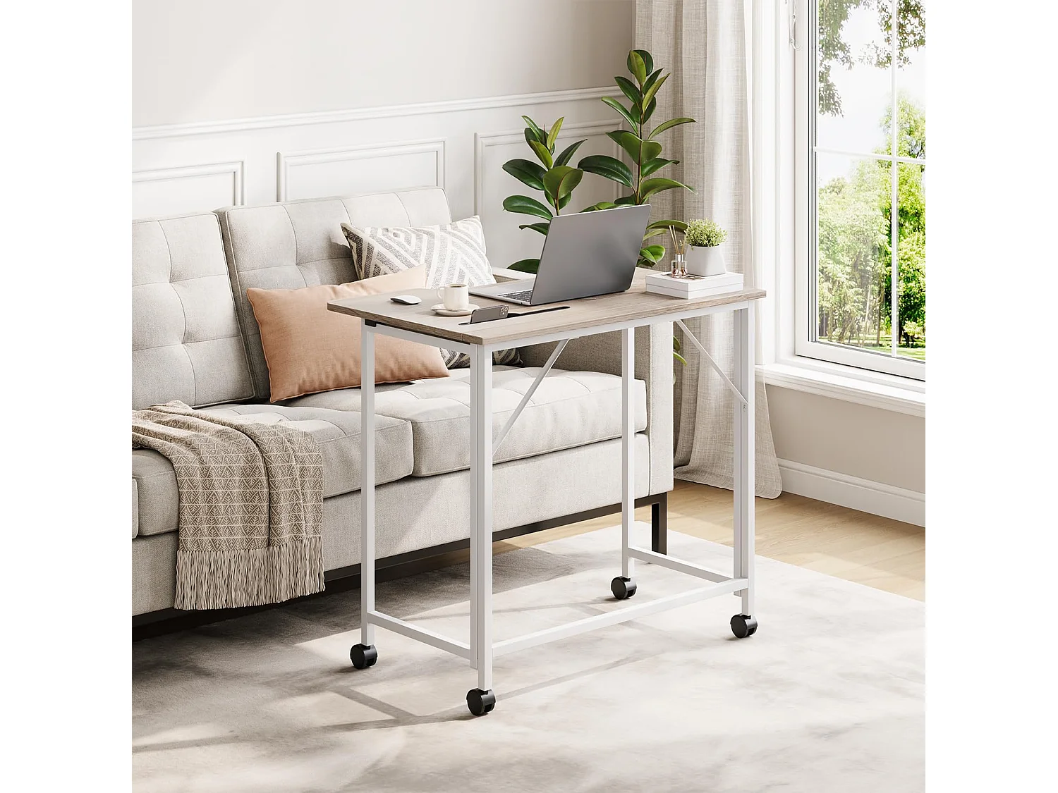 Bureau pliant en chêne 80x52x74,5 cm avec roulettes et fente, idéal comme petit bureau informatique pour la maison, l’étude ou l’extérieur