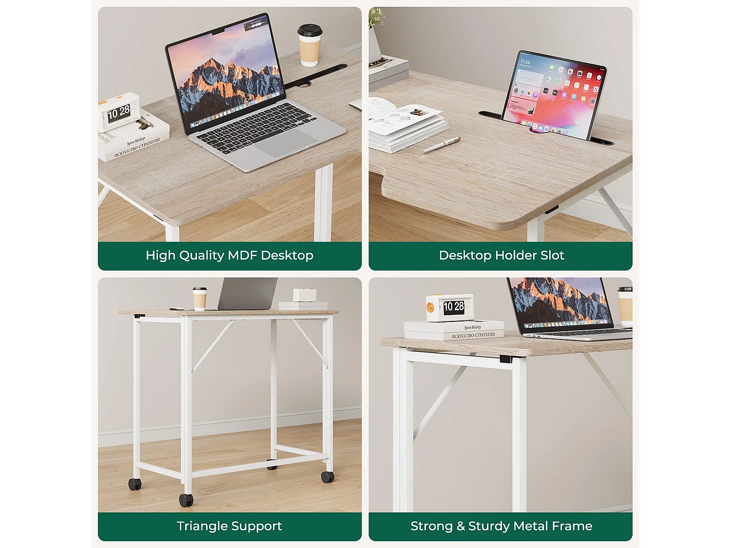 Bureau pliant en chêne 80x52x74,5 cm avec roulettes et fente, idéal comme petit bureau informatique pour la maison, l’étude ou l’extérieur