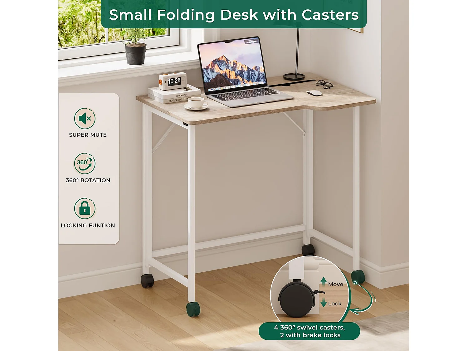 Bureau pliant en chêne 80x52x74,5 cm avec roulettes et fente, idéal comme petit bureau informatique pour la maison, l’étude ou l’extérieur