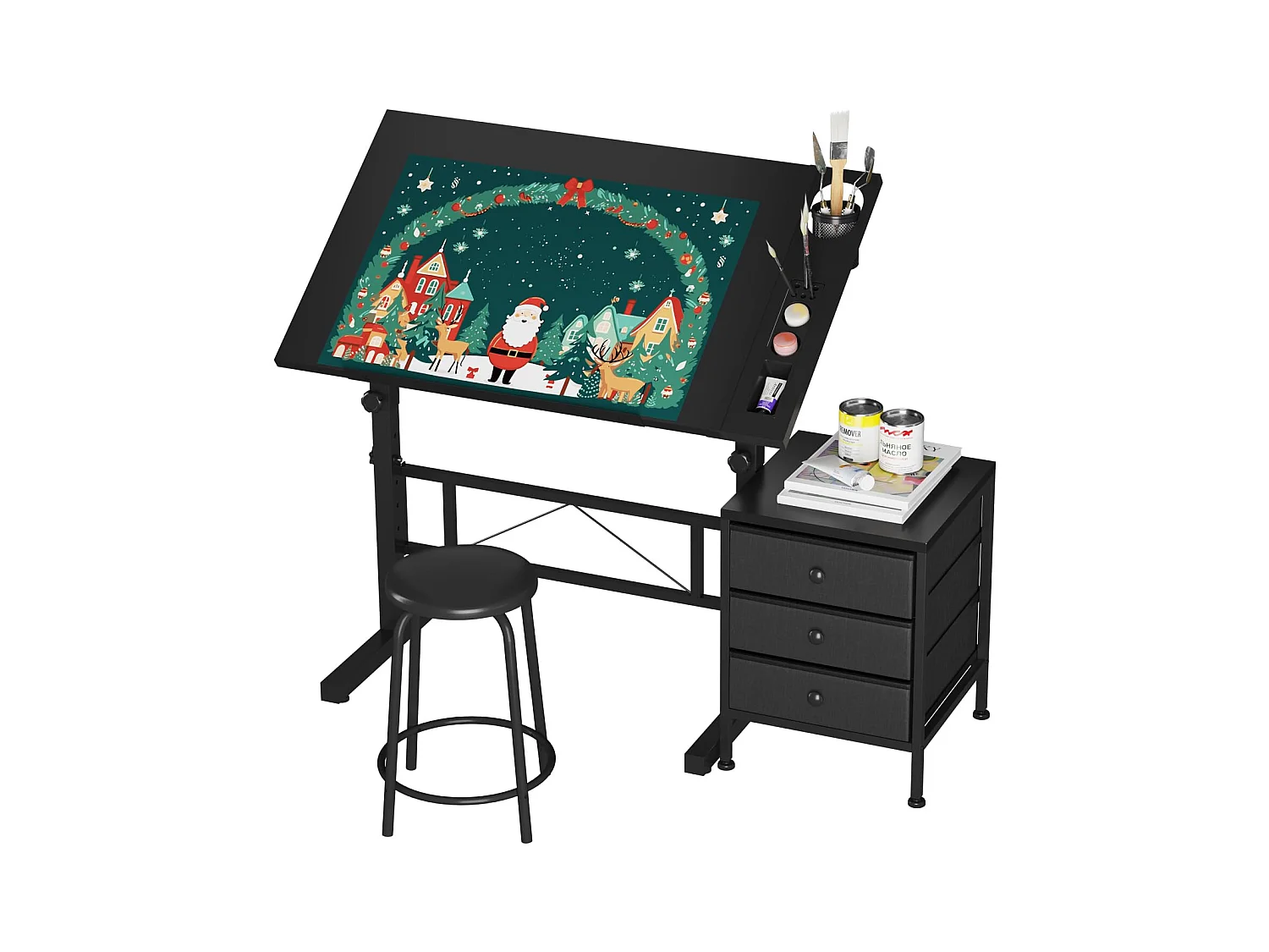 Table à dessin inclinable noire 0°-60° avec tabouret et casiers, bureau réglable pour dessinateur, architecte, peintre ou ingénieur, style moderne