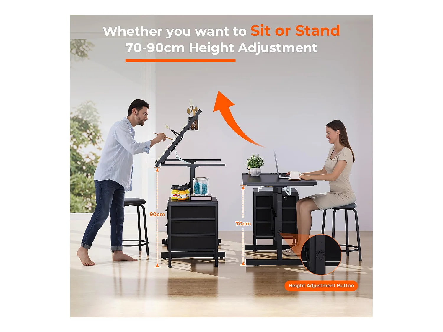 Table à dessin inclinable noire 0°-60° avec tabouret et casiers, bureau réglable pour dessinateur, architecte, peintre ou ingénieur, style moderne