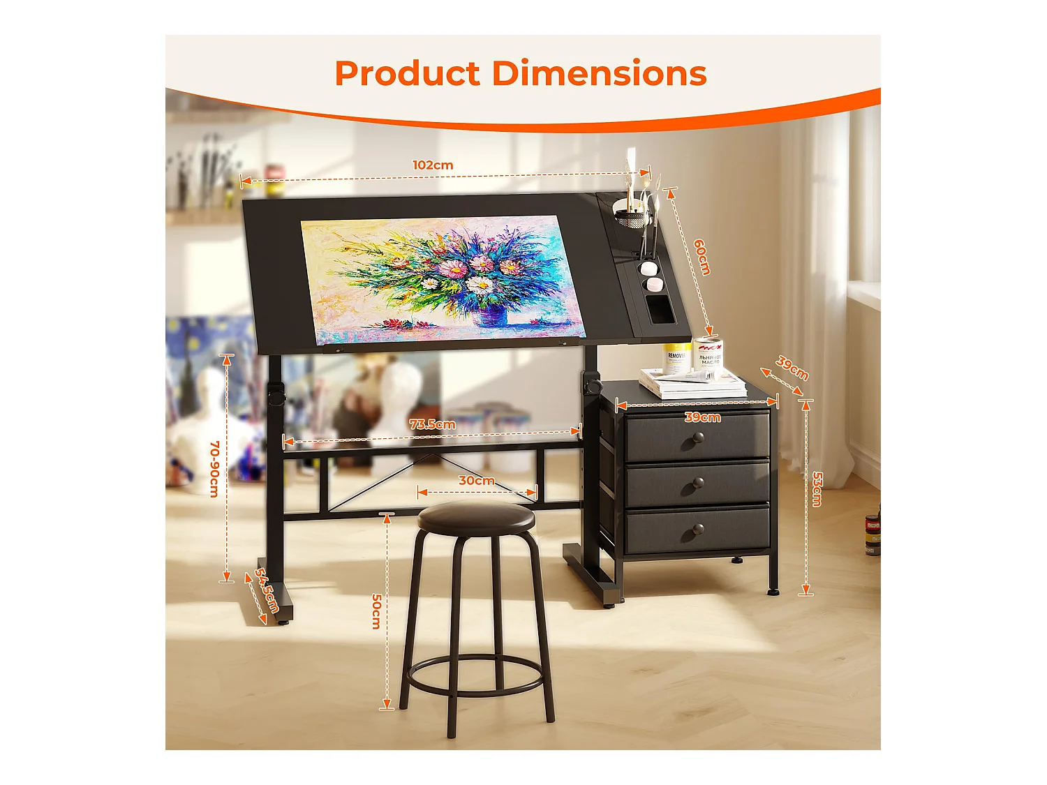 Table à dessin inclinable noire 0°-60° avec tabouret et casiers, bureau réglable pour dessinateur, architecte, peintre ou ingénieur, style moderne