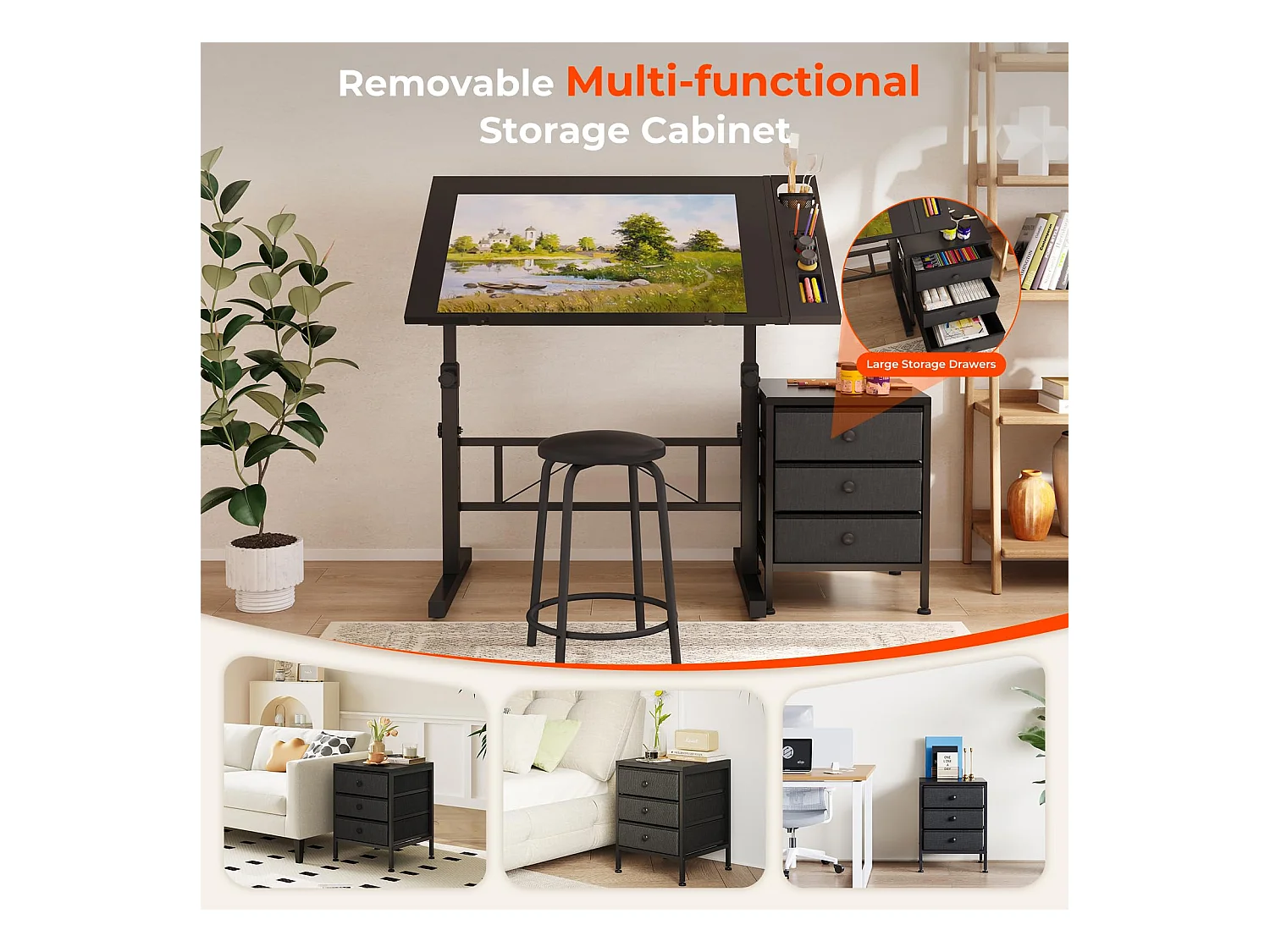 Table à dessin inclinable noire 0°-60° avec tabouret et casiers, bureau réglable pour dessinateur, architecte, peintre ou ingénieur, style moderne