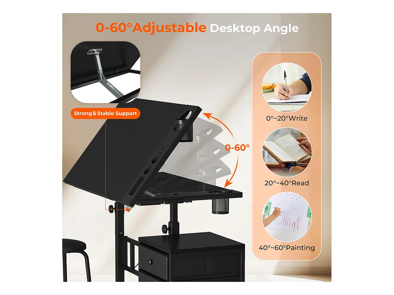 Table à dessin inclinable noire 0°-60° avec tabouret et casiers, bureau réglable pour dessinateur, architecte, peintre ou ingénieur, style moderne