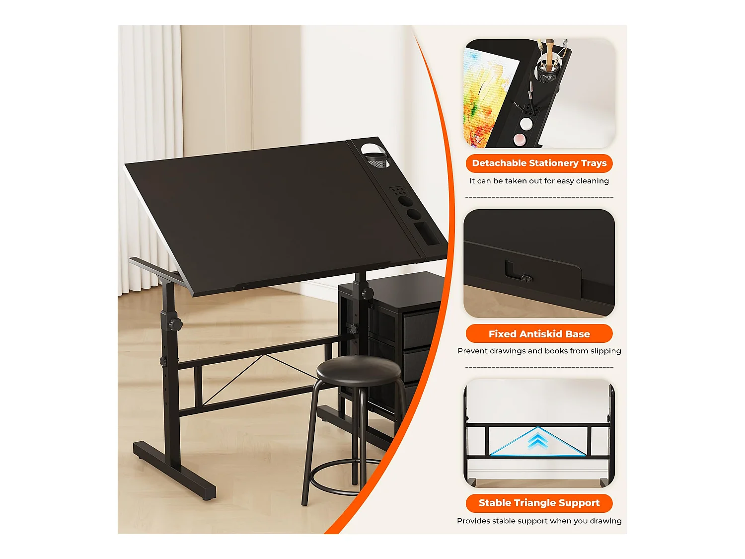 Table à dessin inclinable noire 0°-60° avec tabouret et casiers, bureau réglable pour dessinateur, architecte, peintre ou ingénieur, style moderne