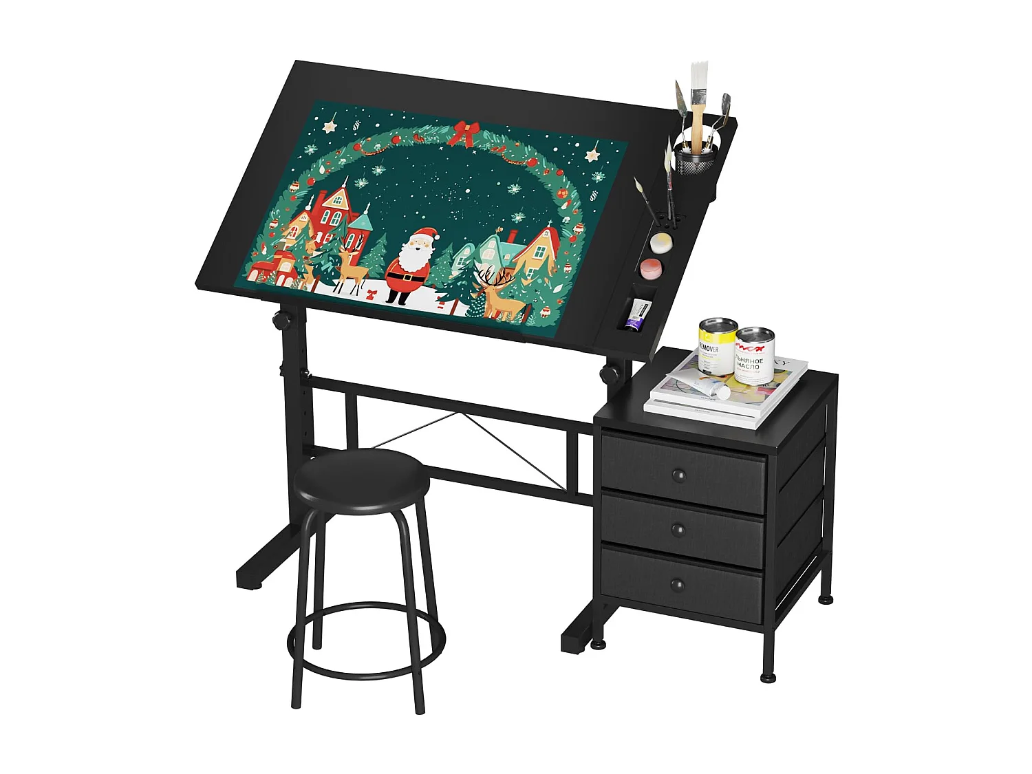 Table à dessin inclinable noire 0°-60° avec tabouret et casiers, bureau réglable pour dessinateur, architecte, peintre ou ingénieur, style moderne