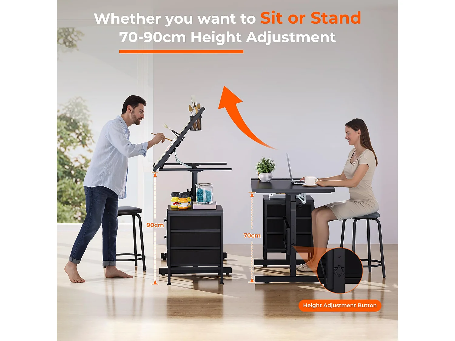 Table à dessin inclinable noire 0°-60° avec tabouret et casiers, bureau réglable pour dessinateur, architecte, peintre ou ingénieur, style moderne