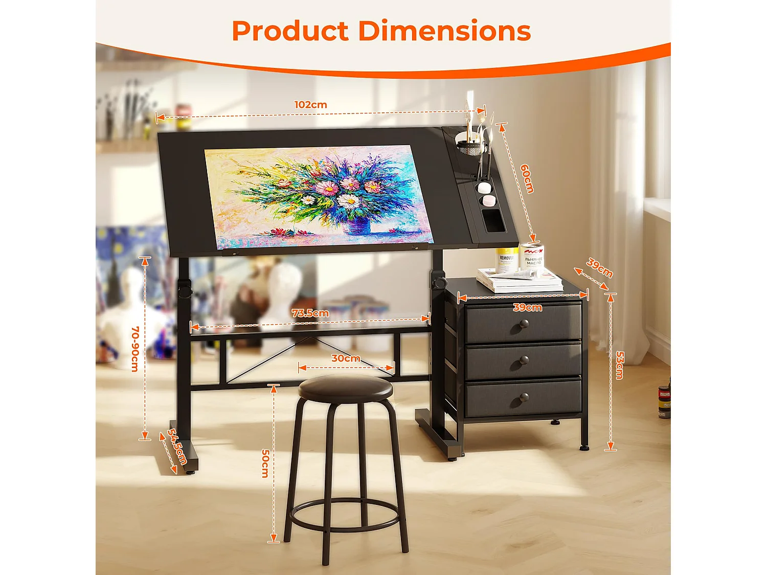 Table à dessin inclinable noire 0°-60° avec tabouret et casiers, bureau réglable pour dessinateur, architecte, peintre ou ingénieur, style moderne