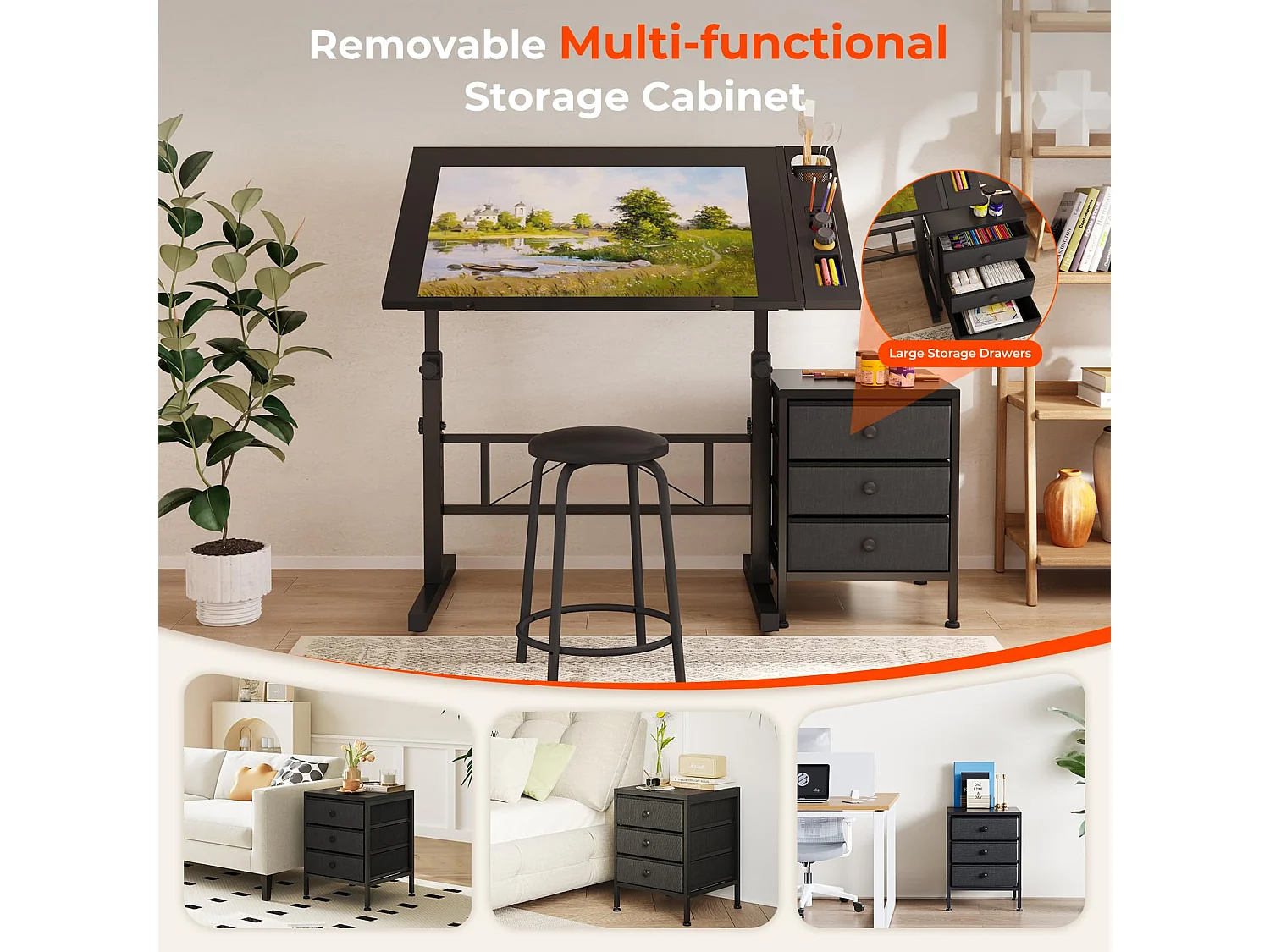 Table à dessin inclinable noire 0°-60° avec tabouret et casiers, bureau réglable pour dessinateur, architecte, peintre ou ingénieur, style moderne