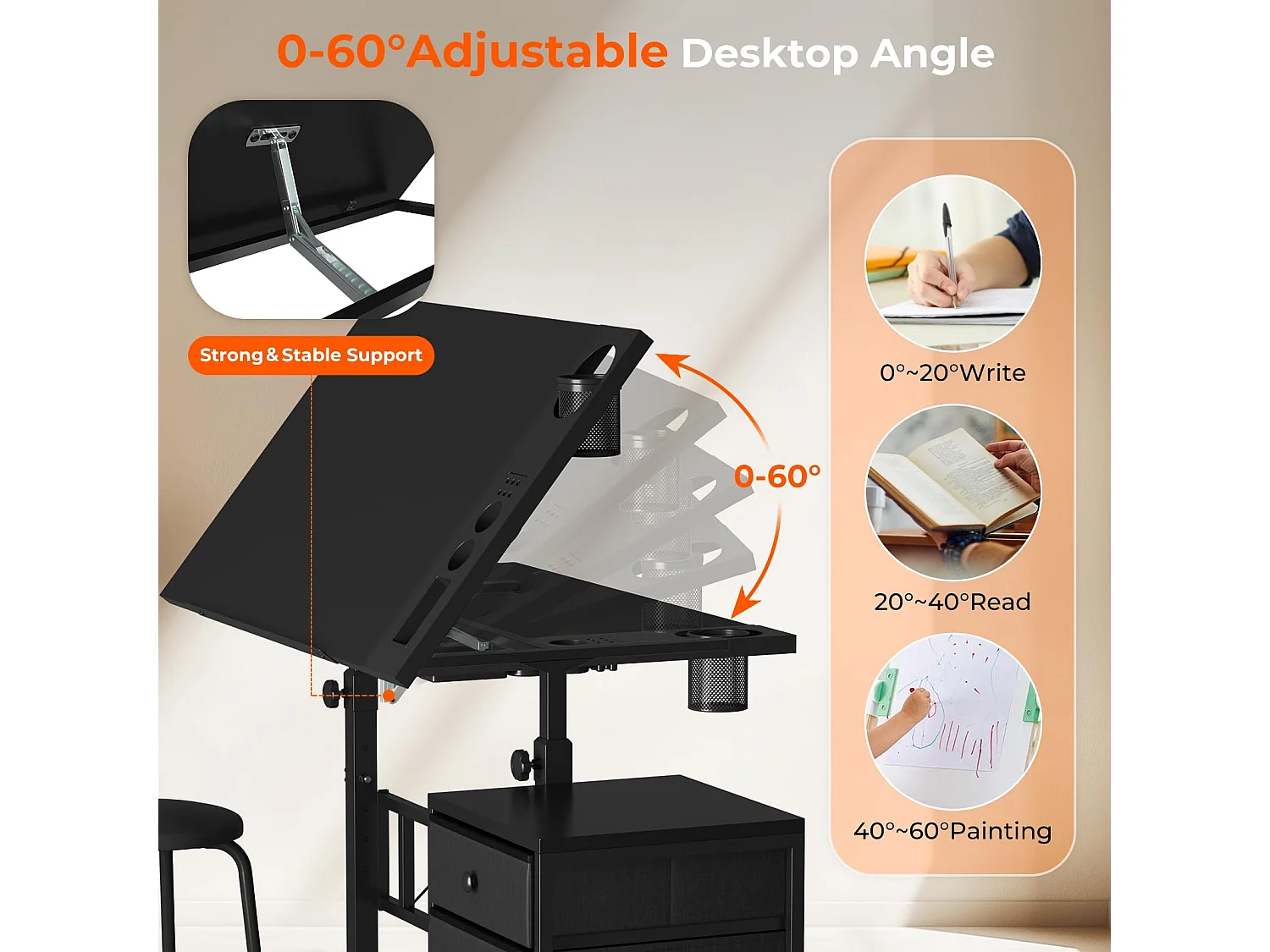 Table à dessin inclinable noire 0°-60° avec tabouret et casiers, bureau réglable pour dessinateur, architecte, peintre ou ingénieur, style moderne