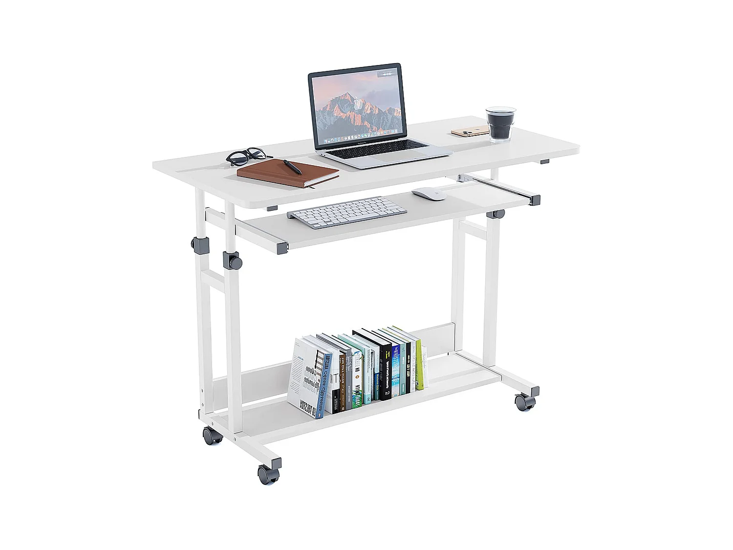 Table Appoint Roulette 80x45cm, Table Bureau d'Ordinateur Mobile Reglable Hauteur de 69 à 90cm avec roulettes, 2 Etagères de Rangement, Ideal pour Bureau Lit Canapé